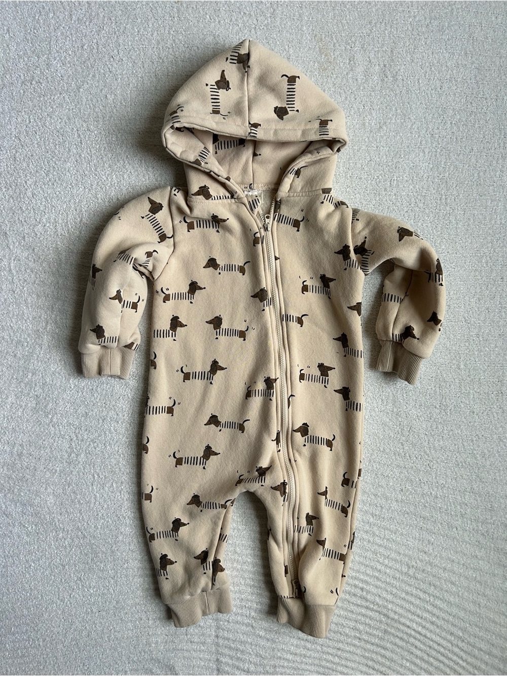 Hooded Beige Baby One-Piece Romper with Dog Print